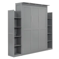 Full Size Murphy Bed with Shelves, LED Lights, Space-Saving Wall Bed with Flexible Slats, Dual Piston Mechanism, 91" L x 81" W x 84" H, Grey(m-10)