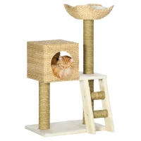 PawHut Cattail Weave Cat Tree for Indoor Cats Kitty Tower with Rattan Cat Condo, Wicker Bed, Ladder, Washable Cushions, 22.5" x 14.5" x 39.5", Natural(m-1)