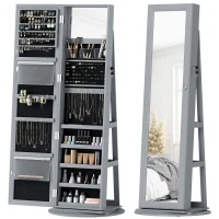 HOMCOM 360° Swivel Jewelry Armoire, Lockable Jewelry Cabinet with Full-Length Mirror, Storage Shelves, Gray(m-11)