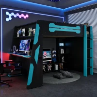 Full Size Wood Loft Bed with Integrated Desk and RGB Lighting, Esports-Style Bed with Multi-Tier Shelves, 93.5'' L x 55.5'' W x 65'' H, Blue(m-5)