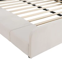Queen Size Upholstered Bed with Built-In Bedside Desk and Round Stool, Solid Bedboard with Sturdy MDF Frame, 85'' L x 73'' W x 29'' H, Beige(m-6)