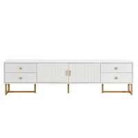Modern TV Cabinet with Textured Doors, 4 Drawers & 2 Cabinets, Solid TV Stand with Metal Handles and Legs, 69'' L x 12'' W x 17.5'' H, White(m-2)