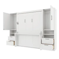 Queen Size Murphy Wall Bed with Built‑in Wardrobes, Drawers, Space‑Saving Bed with Integrated Storage, 113.5'' L x 16.5'' W x 87'' H, White(m-10)