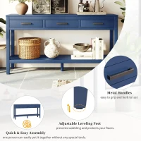 Farmhouse Entryway Table with Wide Top and Open Bottom Shelf, Minimalist Console with Adjustable Feet, 59'' L x 14'' W x 31.5'' H, Navy Blue(m-5)