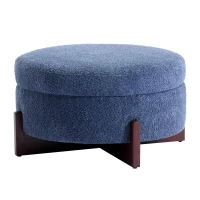 Round Tufted Ottoman with Upholstered Top and Solid Wood Legs, Versatile Coffee Table with Hidden Storage, 32'' L x 32'' W x 18'' H, Blue(m-10)