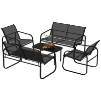 Outsunny 4 Piece Patio Furniture Set, Outdoor Conversation Set with 2 Loveseats, 2 Armchairs, Glass-Top Table, Black(m-2)