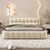 Queen Size Upholstered Bed with MDF & Particleboard Frame, Low-Profile Grounded Bed with Wooden Slats, 87.5'' L x 66.5'' W x 23.5'' H, Beige(m-1)