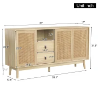 Versatile Sideboard with 3 Sliding Doors and 2 Drawers for Large Storage, Sturdy Cabinet with Solid Wood Legs, 61'' L x 14'' W x 31.5'' H, Wood(m-3)
