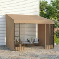 Outsunny 10' x 10' Wall Pergola, Outdoor Gazebo with 2 Curtains and 2 Nettings, UV Resistant, for Patio, Deck, Khaki(m-7)
