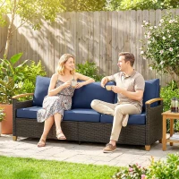 Outsunny 3 Seater Outdoor Couch Sofa, PE Wicker Patio Sofa, Wide Deep Seat, 4" Cushions, Wood-Effect Armrests Legs, Dark Blue(m-9)