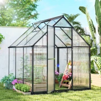 Outsunny Polycarbonate Greenhouse with Swing Door and Adjustable Window, Walk-in Greenhouse with Rain Gutter, 6 x 6.5ft, Black(m-1)