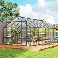 Outsunny Aluminum Greenhouse Polycarbonate Walk-in Garden Greenhouse Kit with Rain Gutter and Sliding Door, 16' x 8', Dark Grey(m-9)