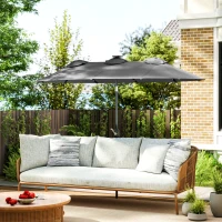 Outsunny Double-sided Patio Umbrella, 9.7' Outdoor Umbrella with Tilt and Crank, LED Solar Light and 12 Ribs, Gray(m-9)