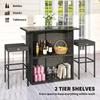 Outsunny 5 Piece Rattan Wicker Bar Set, High Top Outdoor Table and Chairs, Bar Height Patio Set, 2 Shelves & 4 Bar Stools, Gray(m-4)