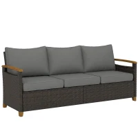Outsunny 3 Seater Outdoor Couch Sofa, PE Wicker Patio Sofa, Wide Deep Seat, 4" Cushions, Wood-Effect Armrests Legs, Gray(m-11)