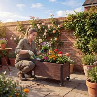 Outsunny Raised Garden Bed with Wheels & Drainage Holes, Outdoor Planter Box with Liner for Patio Balcony(m-9)