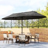 Outsunny 15' Outdoor Patio Umbrella with Twin Canopy Sunshade Steel Table Umbrella with Lift Crank, Cross base, Sandbag, Dark Grey(m-1)