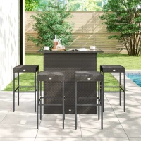 Outsunny 5 Piece Rattan Wicker Bar Set, High Top Outdoor Table and Chairs, Bar Height Patio Set, 2 Shelves & 4 Bar Stools, Brown(m-10)