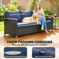 Outsunny 3 Seater Outdoor Couch Sofa, PE Wicker Patio Sofa, Wide Deep Seat, 4" Cushions, Wood-Effect Armrests Legs, Dark Blue(m-4)