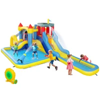 Qaba 6 in 1 Inflatable Water Slide Park with Splash Pools, 2 Slides, Trampoline, Climbing Wall, Cannon, Basketball Hoop(m-11)