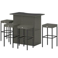 Outsunny 5 Piece Rattan Wicker Bar Set, High Top Outdoor Table and Chairs, Bar Height Patio Set, 2 Shelves & 4 Bar Stools, Gray(m-1)