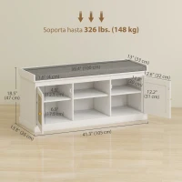 HOMCOM Shoe Bench with Padded Cushion, Boho Entryway Bench with Rattan Doors and Adjustable Shelves, Holds 9 Pairs, White(m-3)