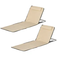 Outsunny 2 Pieces Beach Lounge Chair, Outdoor Folding Chaise Lounge Set w/ Pillow for Sunbath, Snap, Beige(m-2)