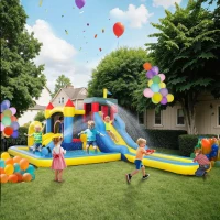 Qaba 6 in 1 Inflatable Water Slide Park with Splash Pools, 2 Slides, Trampoline, Climbing Wall, Cannon, Basketball Hoop(m-10)