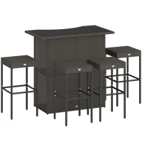 Outsunny 5 Piece Rattan Wicker Bar Set, High Top Outdoor Table and Chairs, Bar Height Patio Set, 2 Shelves & 4 Bar Stools, Brown(m-11)
