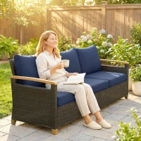 Outsunny 3 Seater Outdoor Couch Sofa, PE Wicker Patio Sofa, Wide Deep Seat, 4" Cushions, Wood-Effect Armrests Legs, Dark Blue(m-2)