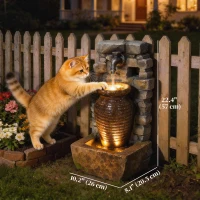 Outsunny Outdoor Water Fountain Adjustable Water Flow Garden Fountain with LED Lights Rustic Urn Design(m-3)