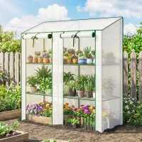 Outsunny Portable Mini Greenhouse Green House with 3 Tier Shelves, Reinforced PE Cover, Roll-up Doors, 56.3"x18.1"x59.4", White(m-1)