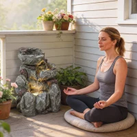 Outsunny Outdoor Fountain with LED Lights Adjustable Flow Cascading Waterfall 3-Tier Rustic Rock Look Grey(m-7)