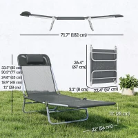 Outsunny Folding Lounge Chair, Portable Tanning Chair with Adjustable Backrest, Pillow for Beach Poolside Patio, Dark Grey(m-3)