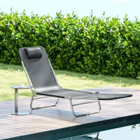 Outsunny Folding Lounge Chair, Portable Tanning Chair with Adjustable Backrest, Pillow for Beach Poolside Patio, Dark Grey(m-10)