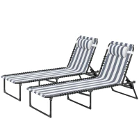 Outsunny 2 Folding Chaise Lounge Pool Chairs with 4-Position Reclining Back, Pillow, Breathable Mesh & Bungee Seat, Blue White(m-1)