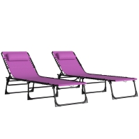 Outsunny 2 Folding Chaise Lounge Pool Chairs with 4-Position Reclining Back, Pillow, Breathable Mesh & Bungee Seat, Purple