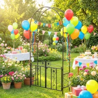 Outsunny 7.4 ft Garden Arch, Outdoor Trellis Arbor with Gate for Climbing Plants, Wedding Arch, Black(m-9)