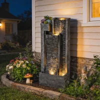 Outsunny Outdoor Water Fountain with LED Lights and Planter, 3-Tier Modern Cascading Waterfall Feature with Pump, Dark Grey(m-1)