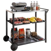 Outsunny Outdoor Grill Cart with Stainless Steel Tabletop, 3-Tier BBQ Stand, Movable Food Prep Table on Wheels, Black(m-11)