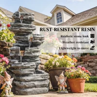 Outsunny Outdoor 6-Tier Water Fountain, Waterfall Fountain with LED Lights, Resin Waterfall Feature with Pump, Grey(m-7)