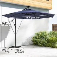Outsunny 9.7ft Solar LED Cantilever Patio Umbrella with 32 LED Lights, Cross Base, Crank Handle, for Poolside, Deck, Dark Blue(m-3)