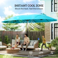 Outsunny 15' Outdoor Patio Umbrella with Twin Canopy Sunshade Steel Table Umbrella w/ Lift Crank, Cross base, Sandbag, Light Blue(m-5)