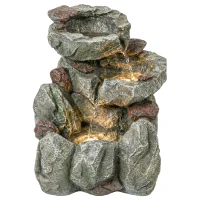 Outsunny Outdoor Fountain with LED Lights Adjustable Flow Cascading Waterfall 3-Tier Rustic Rock Look Grey(m-2)
