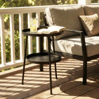 Outsunny Metal Patio Side Table, 2-Tier Round End Table, for Living Room, Bedroom, Garden, Balcony, Black(m-7)