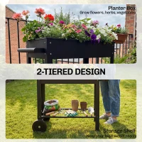 Outsunny Metal Raised Garden Bed, Elevated Planter Box with 2 Wheels, Handle and Shelf, 31.5" Tall Raised Planter(m-4)