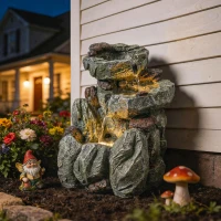 Outsunny Outdoor Fountain with LED Lights Adjustable Flow Cascading Waterfall 3-Tier Rustic Rock Look Grey(m-1)