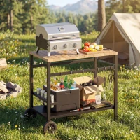 Outsunny Outdoor Grill Cart, 2-Tier Pizza Oven Stand, BBQ Stand with Beverage Holder, Hooks, Wheels, Black and Brown(m-8)