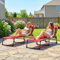 Outsunny 2 PCs Folding Lounge Chairs, Adjustable Chaise Lounge with Headrest, Reclining Lounger Cot for Camping, Hiking, Wine Red(m-7)