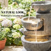 Outsunny 3-Tier Outdoor Water Fountain, Garden Waterfall Fountain with LED Lights and Pump, Indoor Freestanding Resin Waterfall(m-6)